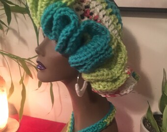 The Monique Crochet Ruffle Hat and Chain Necklace. Crochet Hat and Necklace  SET. Crochet Headdress, Crochet Fashion Hat, Urban Chic 