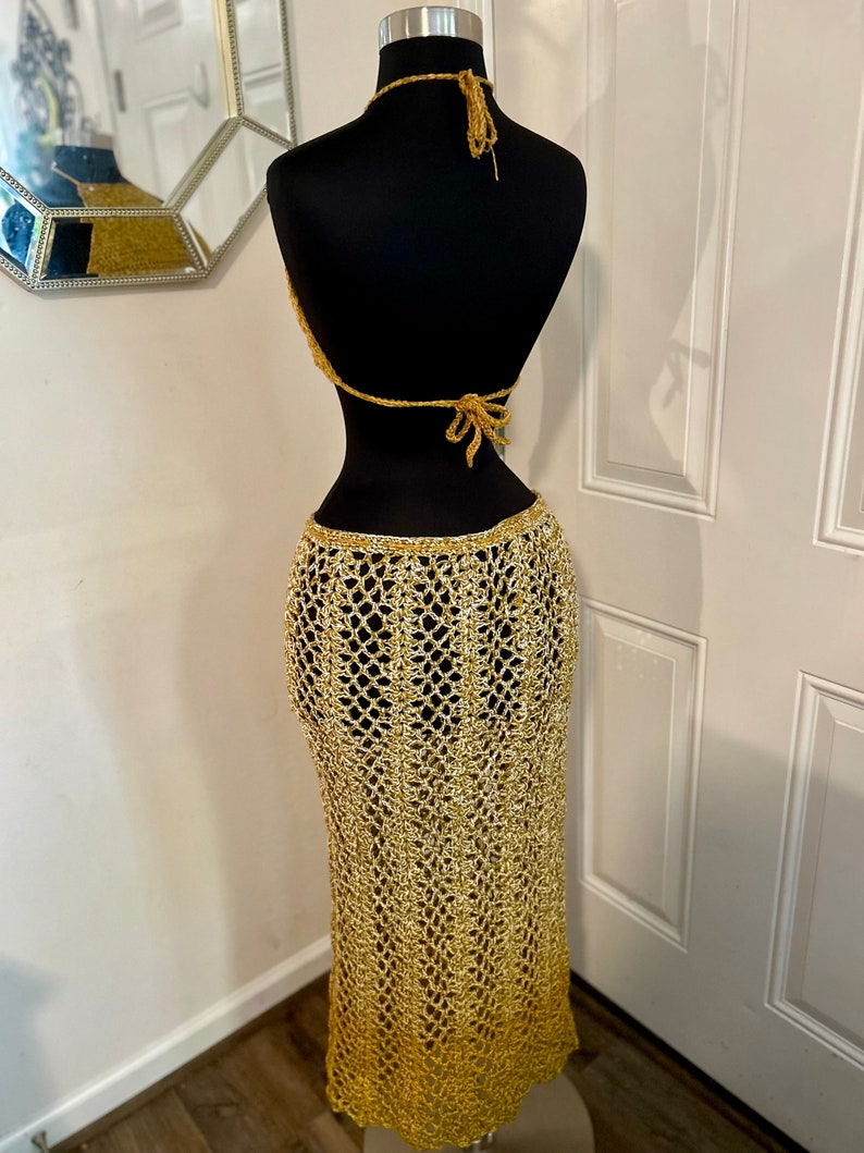 DARE To Be Different Long Crochet Skirt Beach Skirt and Haulter Top, Summer Skirt. Beach Maxi Skirt, Festival Outfit in Ombre GOLD image 4