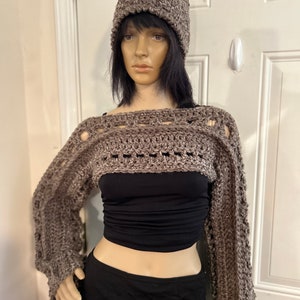 Hand Crochet Shrug and Matching Hat. Shoulder Shrug, Sweater Crop Top, Shoulder Sleeves in the color of MOCHA