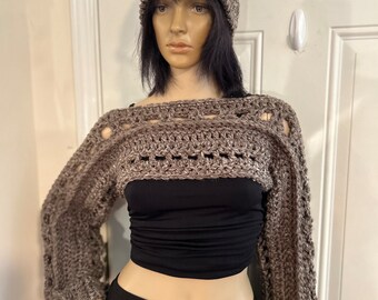 Hand Crochet Shrug and Matching Hat. Shoulder Shrug, Sweater Crop Top, Shoulder Sleeves in the color of MOCHA