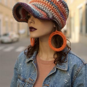Baseball Cap and Crochet Earring SET, Winter Hat, Ladies Hat, Brimmed Beanie, Orange multi Colors, Women Accessories Winter Hat