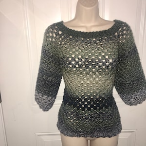Hand Crochet Summer sweater- loose crochet sweater, short sleeve open weave top, lightweight sweater, Multi Olive