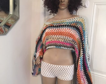 Lightweight Summer Open Design Crochet Top, (OOAK) Crochet Shrug, Mesh Crop Top, Crochet Scrap Yarn Top, Summer Cover Up