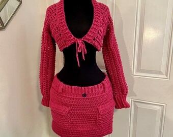 Crochet Crop Jacket and Cargo Style Skirt, Crochet Cargo Skirt, Festival Outfit, Summer Top, Summer Skirt I’m a Deep Pink