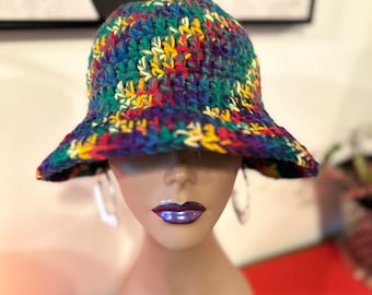 Crochet Bucket Hat, Crochet Hat and Earring set, Slouchy Hat, Summer Hat in Black and Rainbow Colors