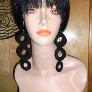 Hand Crochet Tri Circle Dangle Earrings in JET BLACK image 1