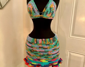 Halter Top and Ruffle Skirt, Crochet Ruffle Skirt, Festival Outfit, Summer Top, Summer Skirt I’m Multi Colors