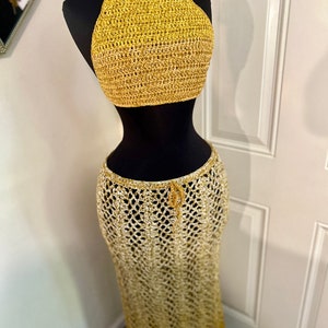 DARE To Be Different Long Crochet Skirt Beach Skirt and Haulter Top, Summer Skirt. Beach Maxi Skirt, Festival Outfit in Ombre GOLD image 3