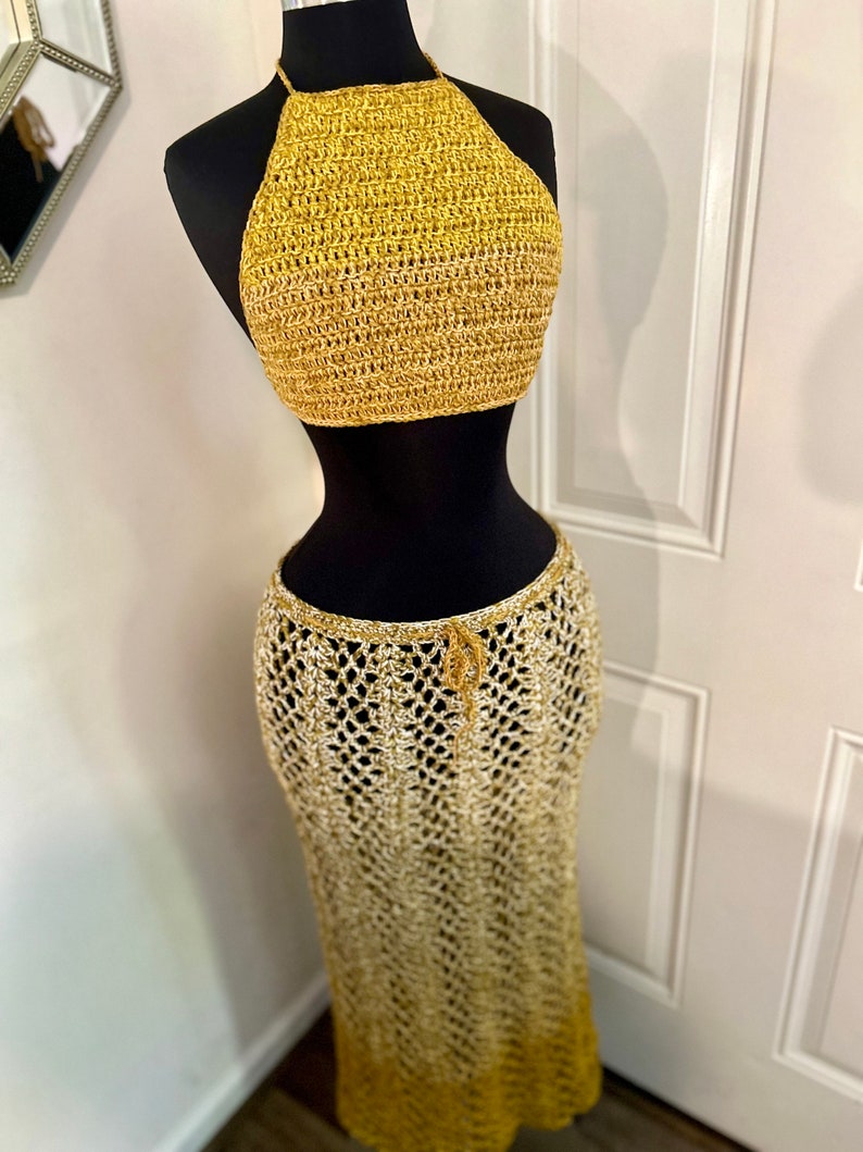 DARE To Be Different Long Crochet Skirt Beach Skirt and Haulter Top, Summer Skirt. Beach Maxi Skirt, Festival Outfit in Ombre GOLD image 3