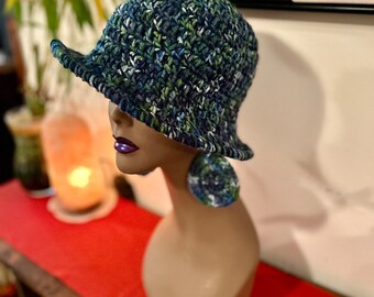 Crochet Bucket Hat, Crochet Hat and Earring set, Slouchy Hat, Summer Hat , Give Me The Blues Summer Hat