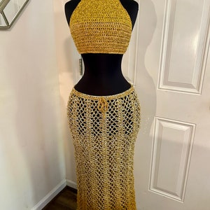 DARE To Be Different Long Crochet Skirt Beach Skirt and Haulter Top, Summer Skirt. Beach Maxi Skirt, Festival Outfit in Ombre GOLD image 5