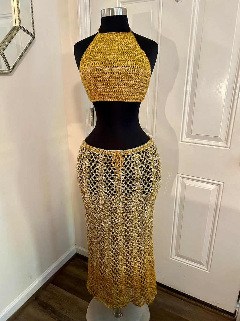 DARE To Be Different Long Crochet Skirt Beach Skirt and Haulter Top, Summer Skirt. Beach Maxi Skirt, Festival Outfit in Ombre GOLD image 5