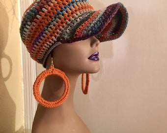 Baseball Cap and Crochet Earring SET, Winter Hat, Ladies Hat, Brimmed Beanie, Orange multi Colors, Women Accessories Winter Hat