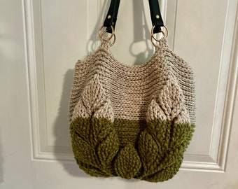 Crochet 3D Leaf Shoulder Bag - Summer Tote Bag - Unique Leaf Tote Bag - Crochet Leaves Bag - Leaf Bucket Bag in Olive and Cream