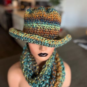 Crochet Top Hat and Neck Warmer Set, Acrylic Yarn, Blues Greens Gold
