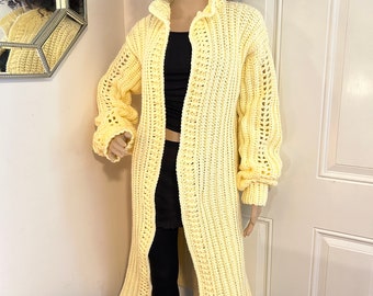 Hand Crochet Lux Cardigan in Soft Yellow, Crochet Sweater, Long Crochet Cardigan, Fall Fashion, Sweater Coat