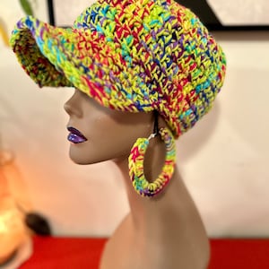 Baseball Cap and Earring SET, Winter Hat, Crochet Hat, Brimmed Beanie, Crochet Earrings, Crochet  Brimmed, in Bright Beautiful Multi Colors