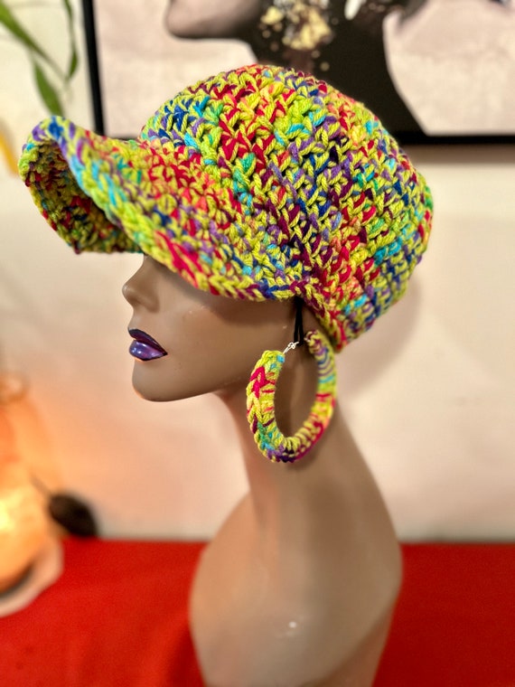 Baseball Cap and Earring SET, Winter Hat, Crochet Hat, Brimmed Beanie, Crochet Earrings, Crochet  Brimmed, in Bright Beautiful Multi Colors