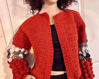 Crochet Sweater Jacket with Bobble Stitch Sleeves, Crochet Cardigan, Fall Jacket, Crochet Puff Sleeve Jacket, Size Small/Medium