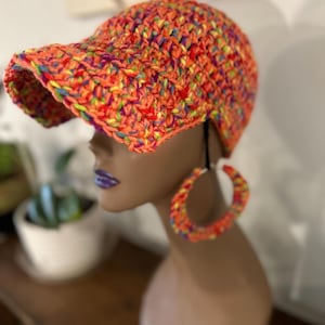 Baseball Cap and Earring SET, Winter Hat, Crochet Hat, Brimmed Beanie, Crochet Earrings, Crochet  Brimmed, in Bright Beautiful Multi Colors