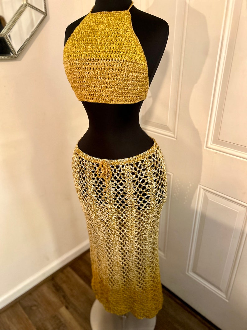 DARE To Be Different Long Crochet Skirt Beach Skirt and Haulter Top, Summer Skirt. Beach Maxi Skirt, Festival Outfit in Ombre GOLD image 9