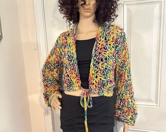 Crochet Sweater Jacket, Crochet Cardigan, Fall Jacket, Crochet Long Sleeve Jacket, Multi Colored Sweater, Size Small