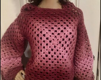 Crochet Granny Square Pullover, Long Sleeve, Granny Square Cardigan, Chunky Sweater, Winter Sweater, Pink Hoodie, Granny Square Hoodie