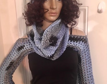 Crochet Shoulder Shrug with Matching Hat and Cowl. Shoulder Shrug, Shoulder Sleeves, crochet Beanie, 3 Piece Set Cool Blues