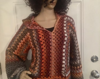 Hand Crochet Cardigan, Long Sleeve, Hexagon Cardigan, Chunky Sweater, Winter Sweater, 100% Wool, Large