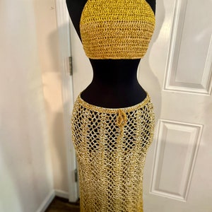 DARE To Be Different Long Crochet Skirt Beach Skirt and Haulter Top, Summer Skirt. Beach Maxi Skirt, Festival Outfit in Ombre GOLD image 6