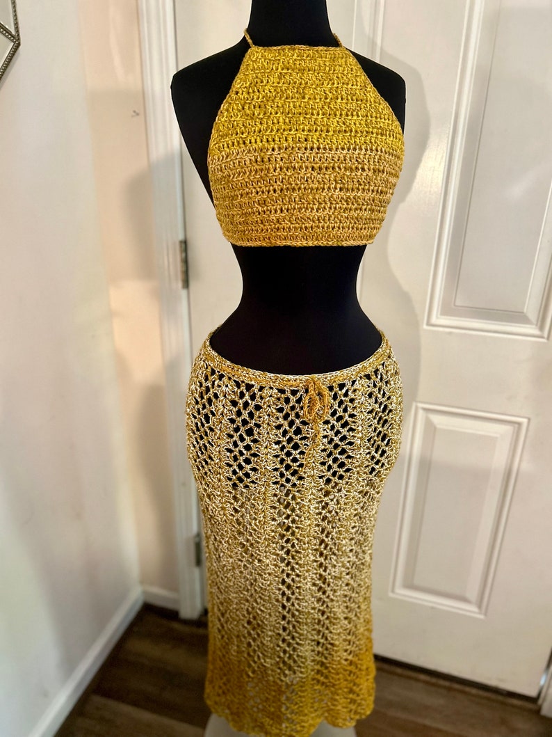 DARE To Be Different Long Crochet Skirt Beach Skirt and Haulter Top, Summer Skirt. Beach Maxi Skirt, Festival Outfit in Ombre GOLD image 6