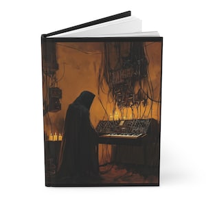 May include: A hooded figure sits in a dimly lit room, playing a vintage synthesizer with glowing lights. The room is filled with wires and cables, creating a mysterious and atmospheric scene.