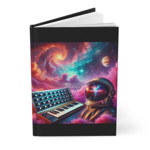 May include: A vintage-style synthesizer keyboard with a space-themed background. An astronaut with a starry helmet floats in the clouds. The background is a vibrant mix of pink, purple, blue, and orange.