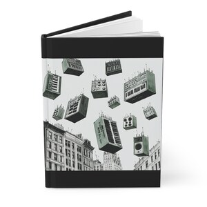 May include: A black and white illustration of a city scene with various vintage synthesizers floating in the air. The synthesizers are all different shapes and sizes, and some have knobs and buttons. The city scene is in the background, and the synthesizers are in the foreground.