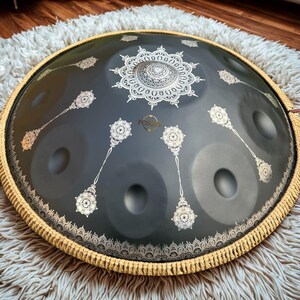 Black Yantra Handpan, D Kurd 432Hz, 10-Note Stainless Steel Drum image 2
