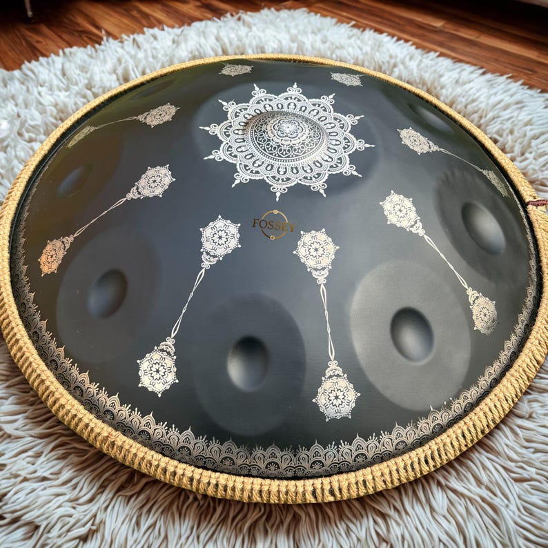Black Yantra Handpan, D Kurd 432Hz, 10-Note Stainless Steel Drum image 2