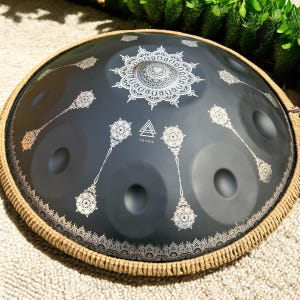 Black Mandala Handpan: 10-Note D Kurd, Stainless Steel, Hand-Tuned