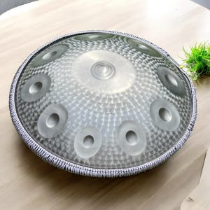 Silver Engraved Handpan Drum: 10-Note Stainless Steel, 440Hz + Accessories