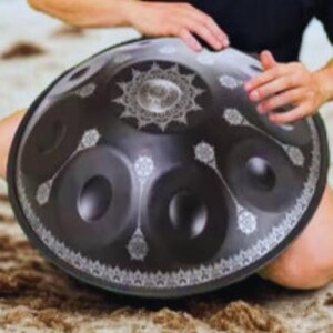 Black Yantra Handpan, D Kurd 432Hz, 10-Note Stainless Steel Drum image 5