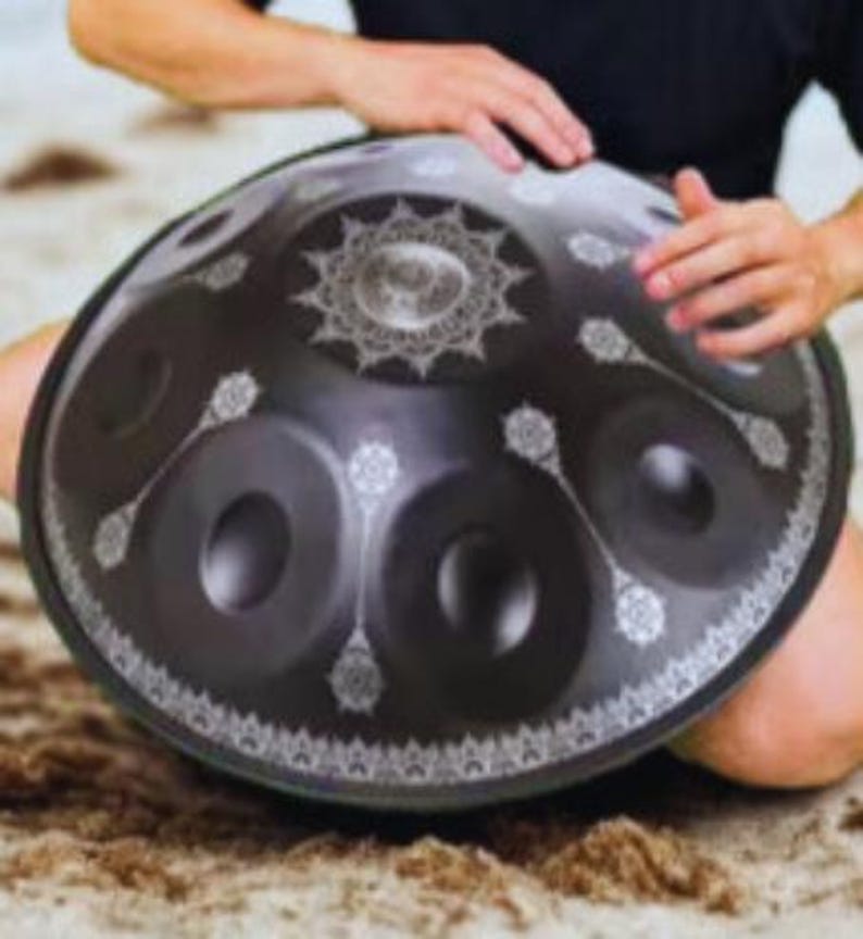 Black Yantra Handpan, D Kurd 432Hz, 10-Note Stainless Steel Drum image 5