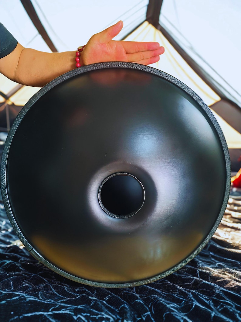 Black Yantra Handpan, D Kurd 432Hz, 10-Note Stainless Steel Drum image 4