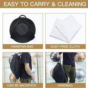 May include: Image showcasing a black handpan bag, a white dust-free cloth, and the bag being used as a backpack and a handbag. The text "EASY TO CARRY & CLEANING" is at the top, with labels for each item: "HANDPAN BAG", "DUST-FREE CLOTH", "CAN BE BACKPACK", and "HANDBAG".