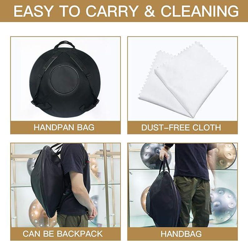 May include: Image showcasing a black handpan bag, a white dust-free cloth, and the bag being used as a backpack and a handbag. The text "EASY TO CARRY & CLEANING" is at the top, with labels for each item: "HANDPAN BAG", "DUST-FREE CLOTH", "CAN BE BACKPACK", and "HANDBAG".