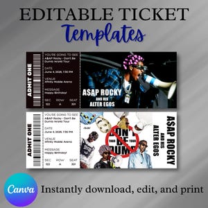 Editable A$AP Rocky ‘Don’t Be Dumb World Tour’ souvenir ticket templates featuring two modern concert-style designs with customizable event details. Canva template bundle for instant download, edit, and print.