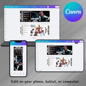 May include: A digital design showcasing a concert ticket design for ASAP Rocky and Alter Egos, displayed on a laptop, tablet, and phone. The Canva logo is visible. Text reads "Edit on your phone, tablet, or computer."