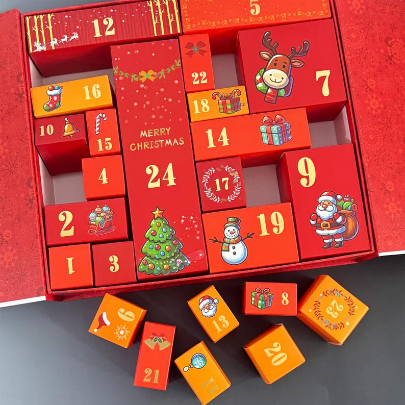 May include: A red Christmas advent calendar with numbered boxes, featuring festive illustrations like a reindeer, snowman, and Santa Claus. The calendar includes the text "Merry Christmas" and is designed to count down the days until Christmas.