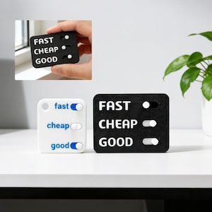 Könnte beinhalten: Zwei Entscheidungswerkzeuge, eines schwarz und eines weiß, mit den Wörtern "FAST", "CHEAP" und "GOOD" in weißer Schrift. Das schwarze Werkzeug hat Schieberegler, während das weiße Werkzeug Kippschalter hat. Eine Hand hält das schwarze Werkzeug.
