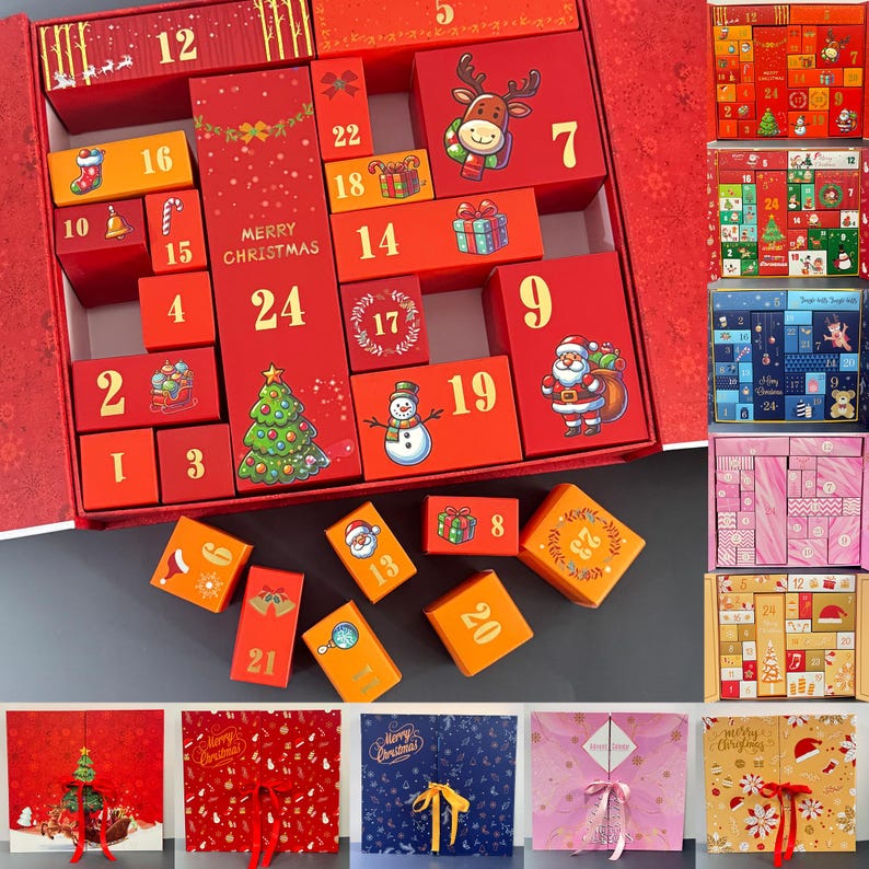 May include: A red Christmas advent calendar with 24 numbered boxes, each decorated with festive images like a Christmas tree, Santa, and reindeer. The calendar includes the text "Merry Christmas". Several other advent calendars are shown.