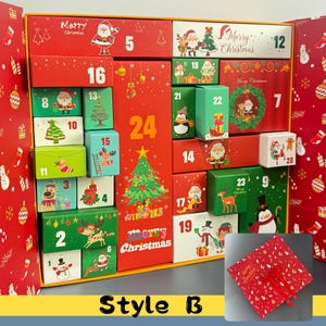 May include: A red and green Christmas advent calendar with 24 numbered boxes. Each box features festive illustrations of Santa Claus, reindeer, Christmas trees, and other holiday elements. The words "Merry Christmas" are displayed on the calendar.