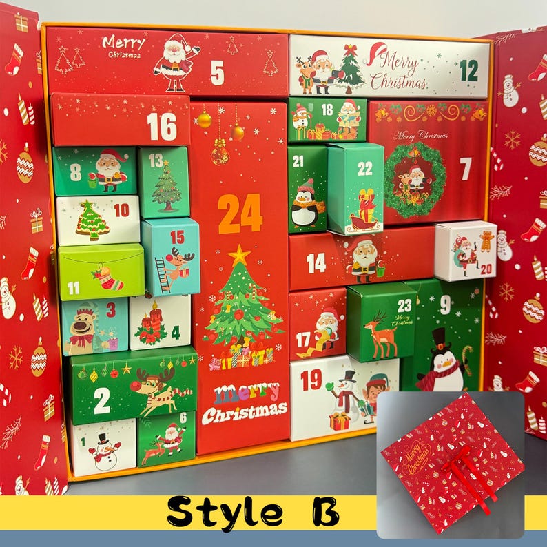 May include: A red and green Christmas advent calendar with 24 numbered boxes. Each box features festive illustrations of Santa Claus, reindeer, Christmas trees, and other holiday elements. The words "Merry Christmas" are displayed on the calendar.